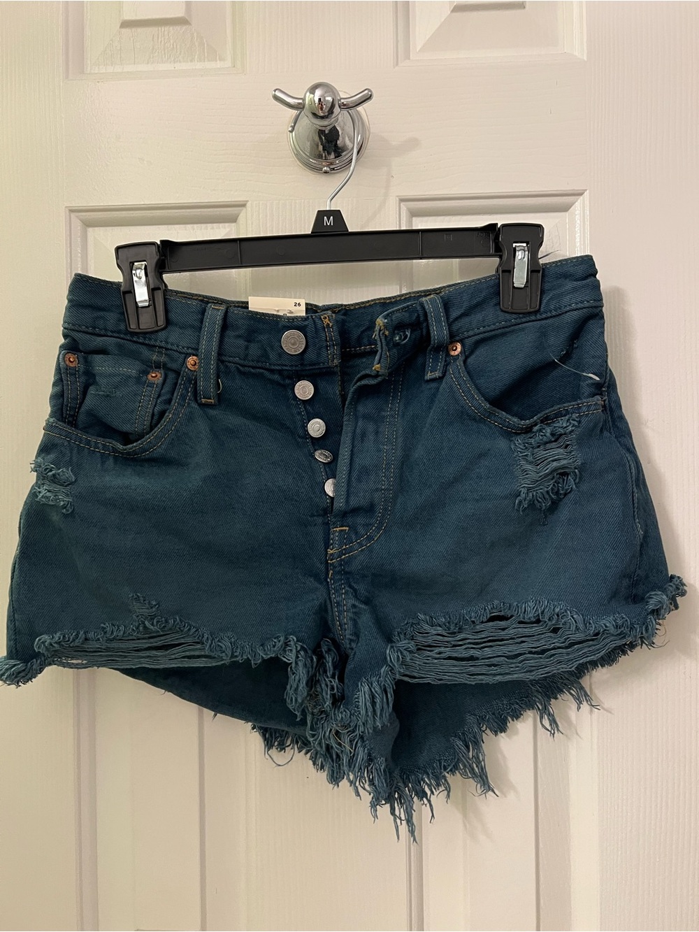 Levi's Teal Distressed Button-Fly Denim Shorts